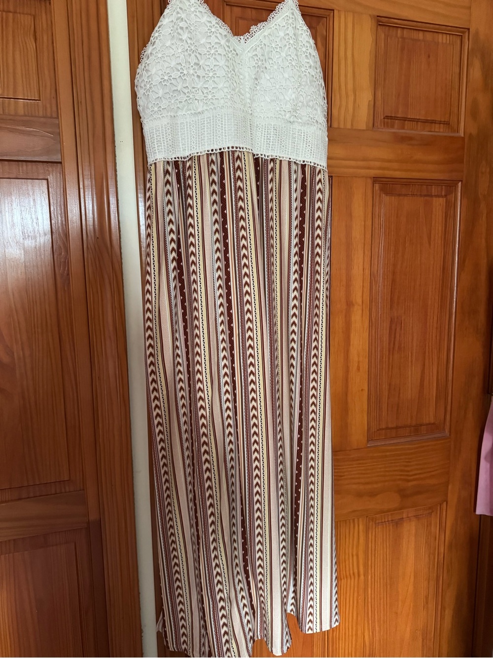 No Boundaries White Crochet Top Brown Striped Maxi Dress